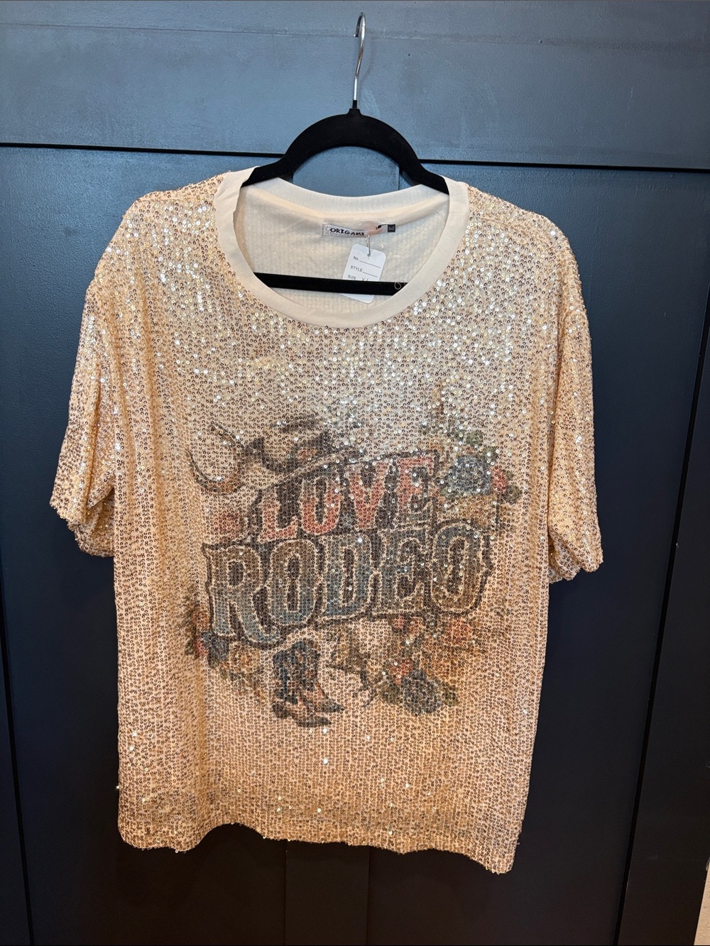 721. Origami Sequin 'I Love Rodeo' Short Sleeve Top - Champagne